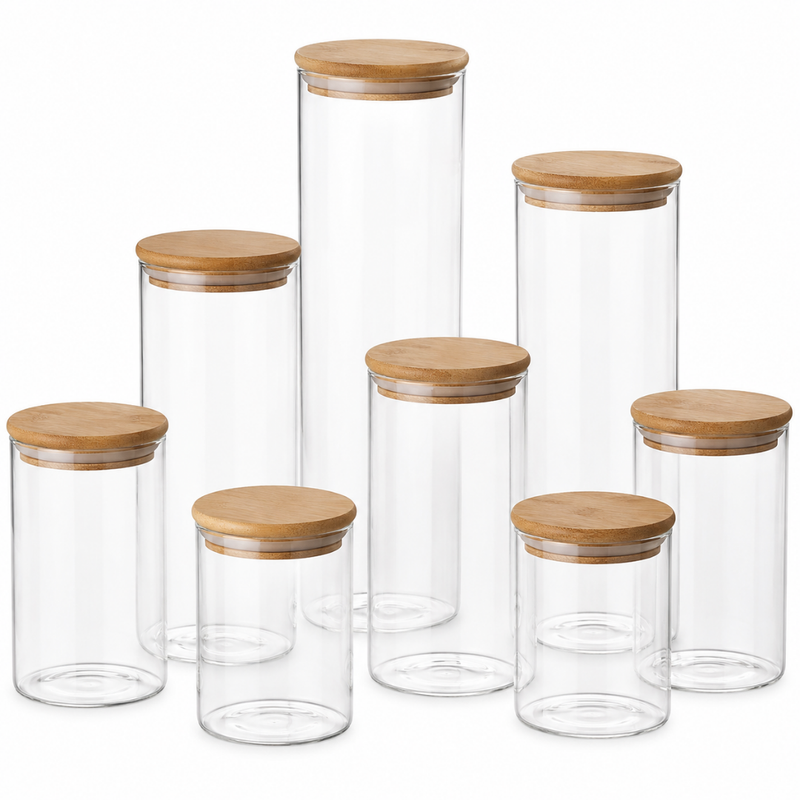Potes de Vidro Herméticos com Tampa de Bambu – Kit para Organização de Cozinha